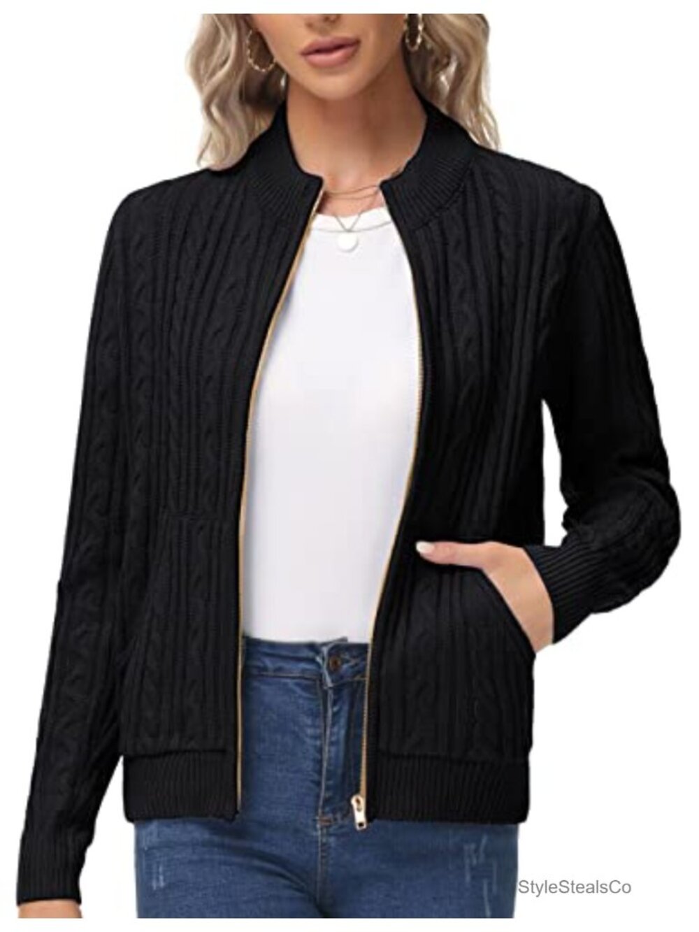 Women Chunky Cable Knit Zip Up Cardigan Sweater with Pockets